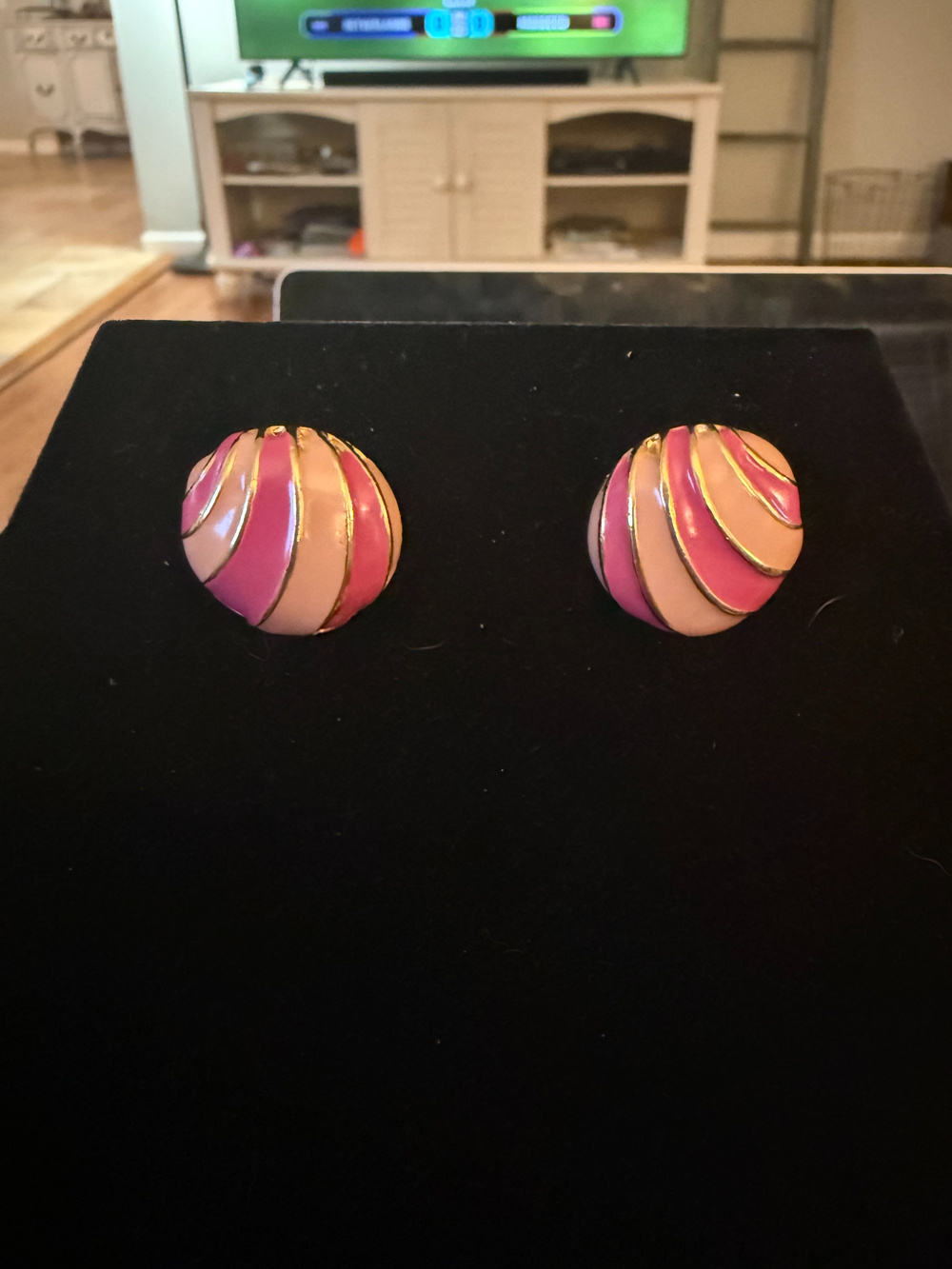 Pink Enamel Swirl Clip On Earrings Gold Tone - Used